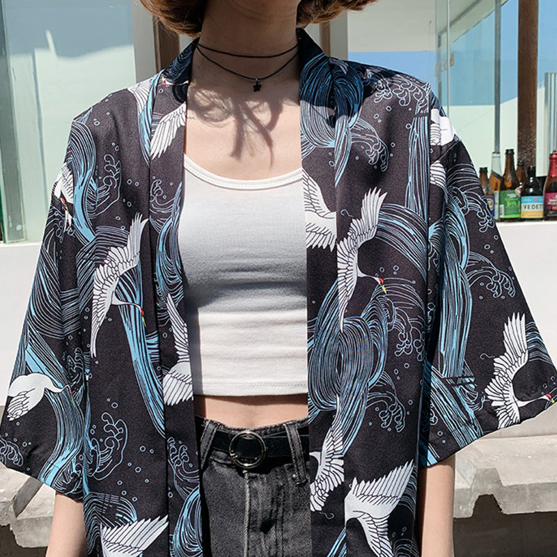 Dark and Stormy Ukiyo-e Crane Kimono Shirt