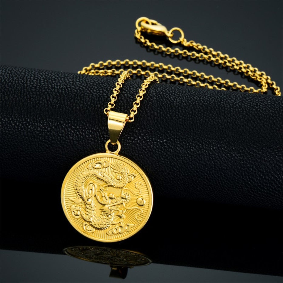 Gold Dragon Medallion Pendant Necklace