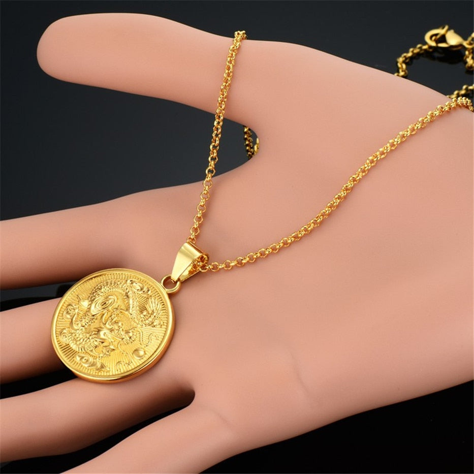 Gold Dragon Medallion Pendant Necklace