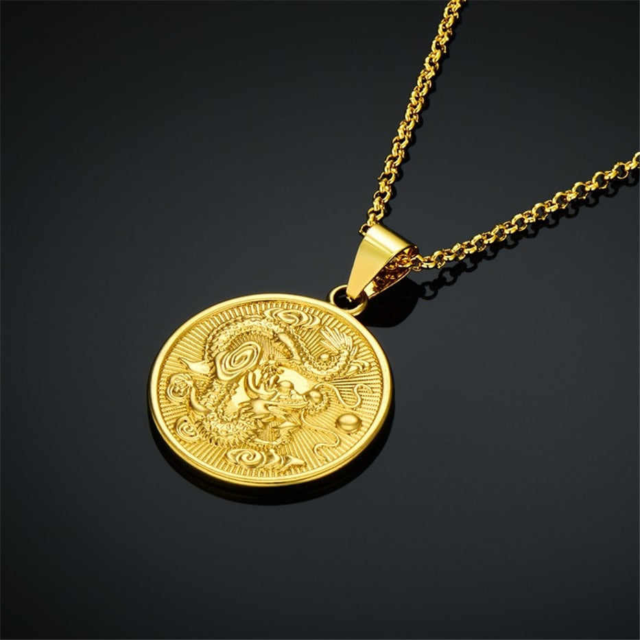 Gold Dragon Medallion Pendant Necklace