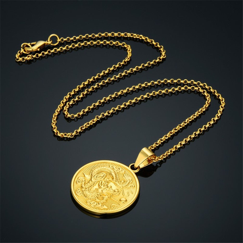 Gold Dragon Medallion Pendant Necklace