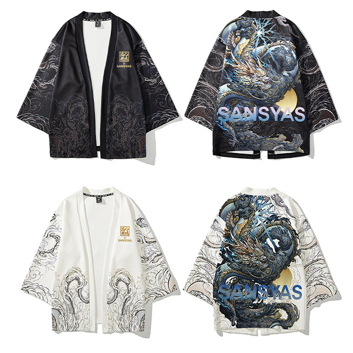 Dragon Lightning Kimono - Black and White Color - Premium Japanese