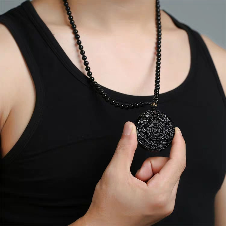 Dragon Phoenix Yin Yang Obsidian Pendant Necklace