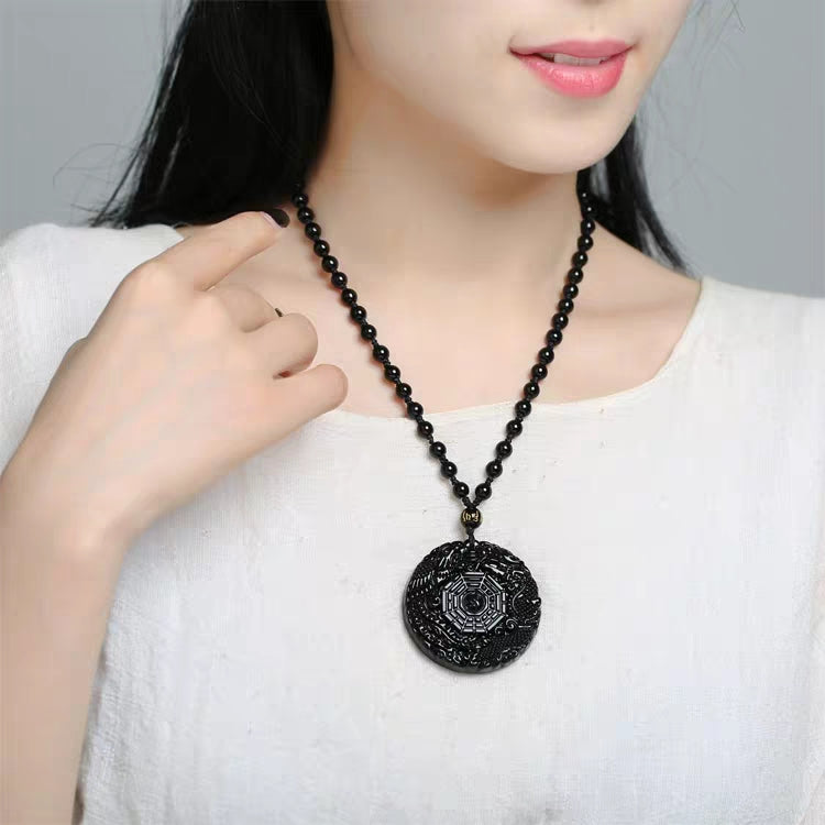 Dragon Phoenix Yin Yang Obsidian Pendant Necklace