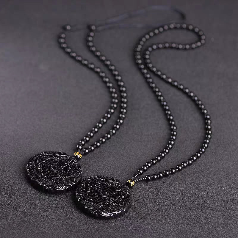 Dragon Phoenix Yin Yang Obsidian Pendant Necklace