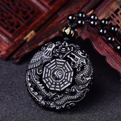 Dragon Phoenix Yin Yang Obsidian Pendant Necklace