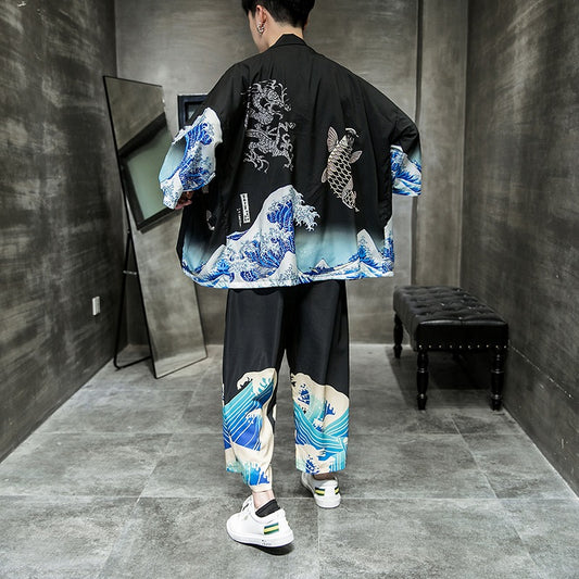 Dragon Koi Unisex Black Kimono Set