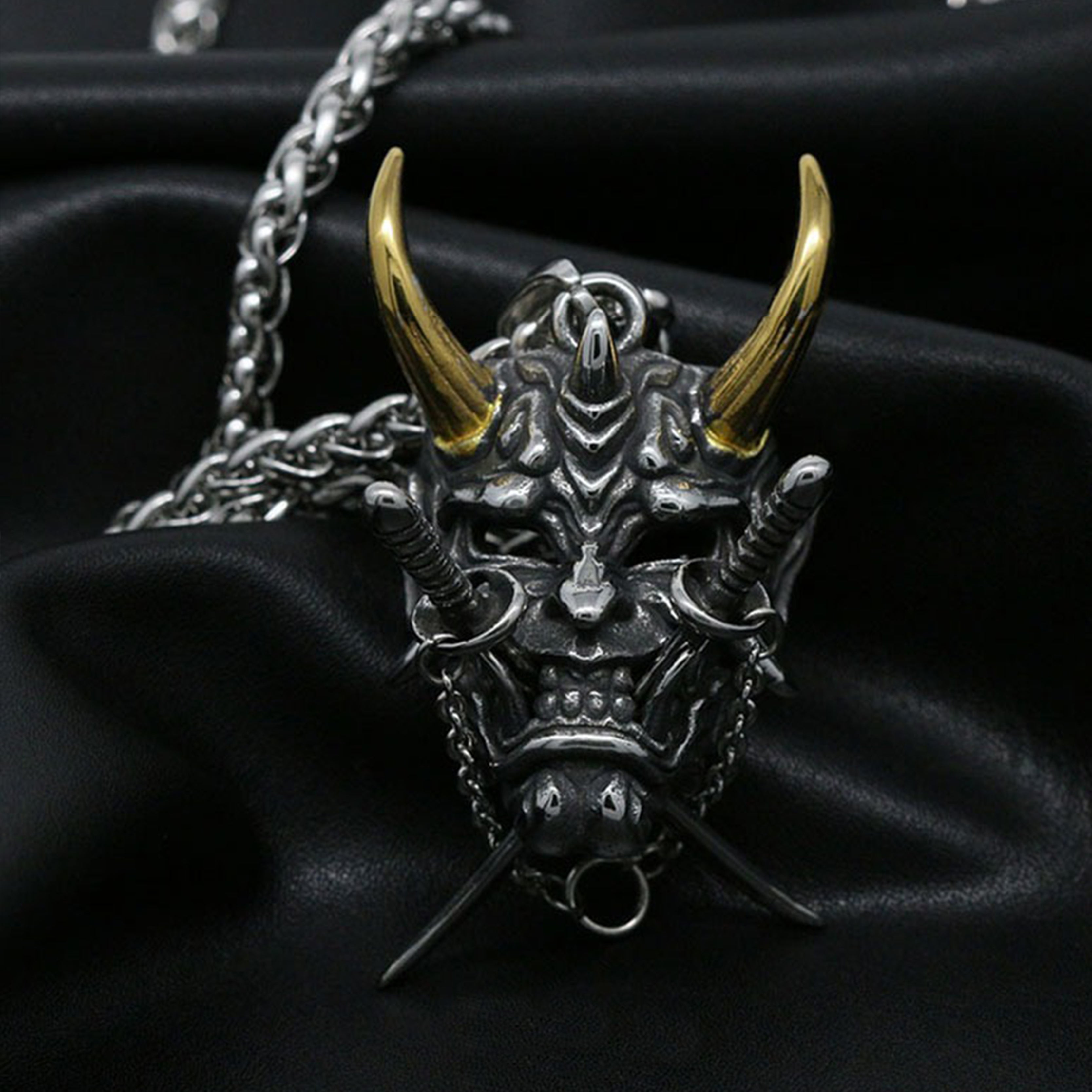 Hannya Mask Necklace, Mens Gothic Punk Pendant, Stainless Steel Silver