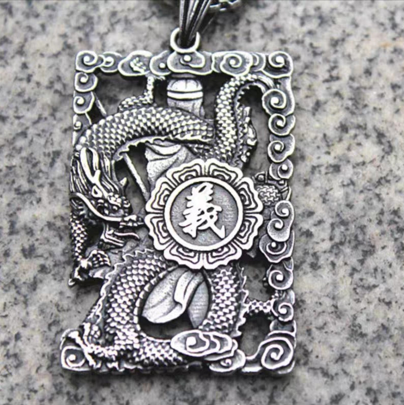 Silver Dragon Guan Yu Pendant Necklace
