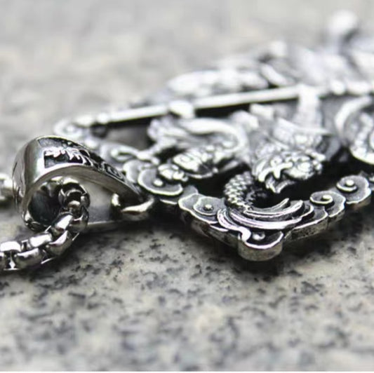 Silver Dragon Guan Yu Pendant Necklace