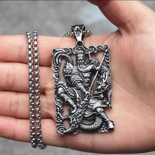 Silver Dragon Guan Yu Pendant Necklace