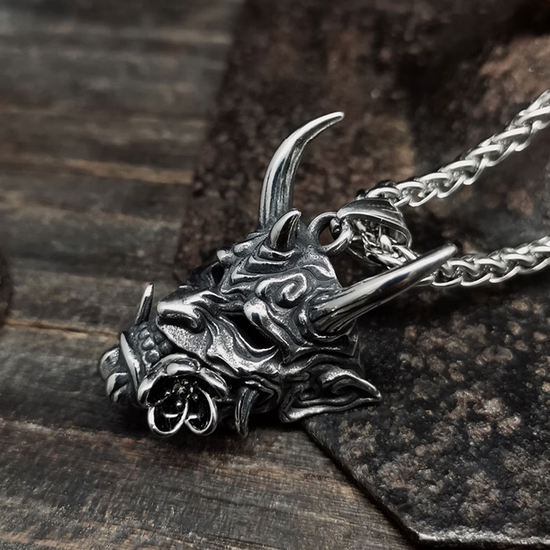 ₪56-Fashion Gothic Jewelry Silver Black Evil Demon Horn Skull Pendant  Necklace For Men Oni Mask Mens Designe Jewelry Handma-Description