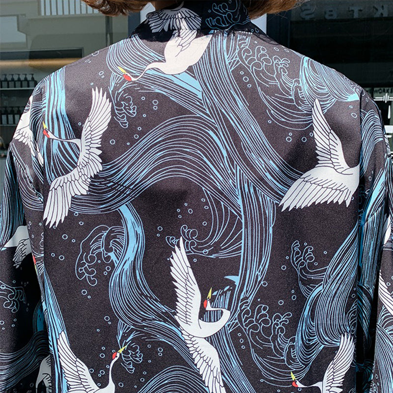Dark and Stormy Ukiyo-e Crane Kimono Shirt