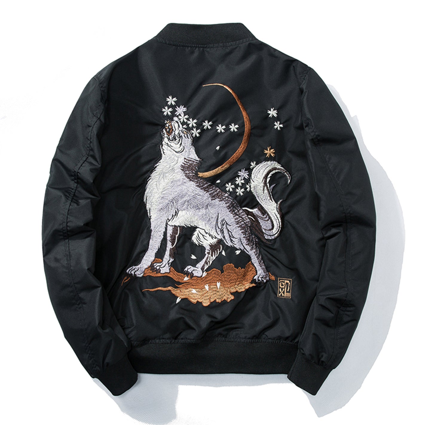 White Wolf Embroidered - Bomber Leather Jacket - Unisex - Sukajan 