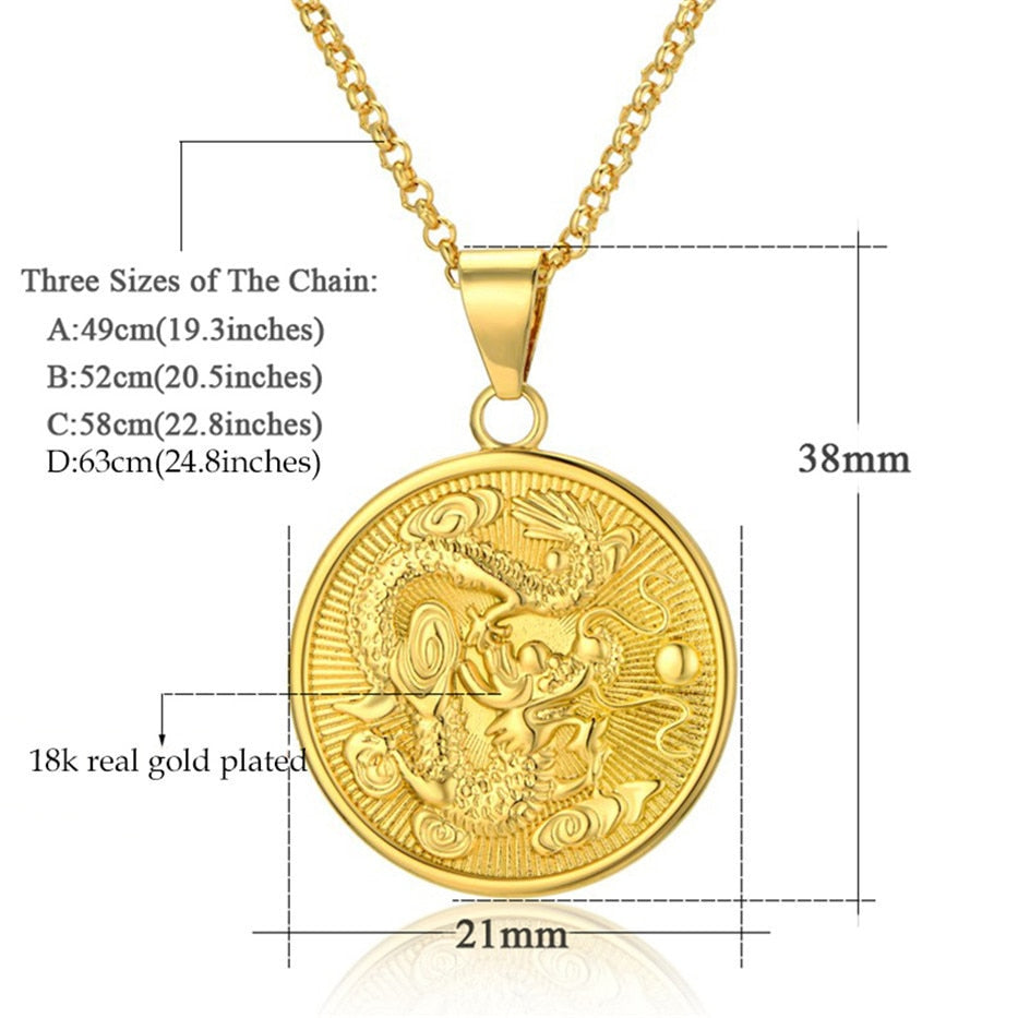 Gold Dragon Medallion Pendant Necklace