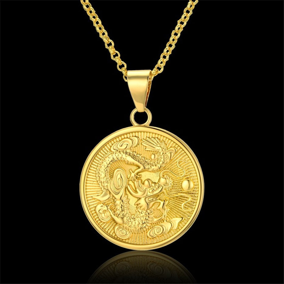 Gold Dragon Medallion Pendant Necklace
