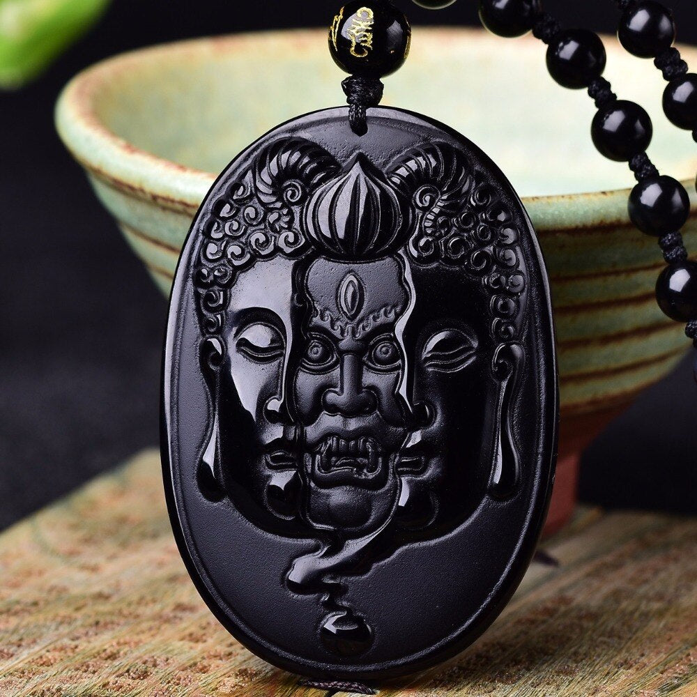Good vs Evil Obsidian Buddha Pendant Necklace